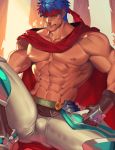  1boy abs bara blue_eyes blue_hair bulge cape collarbone cropped feet_out_of_frame fingerless_gloves fire_emblem gloves headband highres ike_(fire_emblem) leg_up male_focus muscle na_insoo navel nipples pants red_cape shirtless sitting tight tight_pants white_pants 