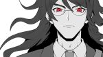  1boy bangs closed_mouth commentary_request danganronpa ewa_(seraphhuiyu) face glasses gokuhara_gonta highres long_hair looking_at_viewer male_focus messy_hair necktie new_danganronpa_v3 portrait red_eyes serious simple_background solo spot_color white_background wing_collar 