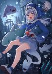  1girl :d air_bubble animal_costume animal_hood artist_name bangs bloop_(gawr_gura) blue_hair blunt_bangs bubble fish_skeleton gawr_gura hammerhead_shark hololive hololive_english hood long_sleeves multicolored_hair open_mouth outstretched_arm polearm shark shark_costume shark_fin shark_hood shark_tail sharp_teeth shoes smile symbol_commentary tail teeth ten-chan_(eternal_s) trident twitter_username two-tone_hair underwater weapon white_footwear white_hair 