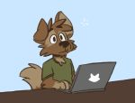  blue_background canid canine canis clothing computer domestic_dog green_clothing green_shirt green_topwear laptop male mammal matt_riskely shirt simple_background solo tinydeerguy topwear 