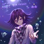  1boy artist_name bangs bubble checkered commentary_request danganronpa dated double-breasted ewa_(seraphhuiyu) hair_between_eyes hand_up happy_birthday highres jacket long_sleeves looking_at_viewer male_focus medium_hair new_danganronpa_v3 ouma_kokichi purple_eyes purple_hair scarf shirt signature smile solo straitjacket twitter_username upper_body white_jacket 