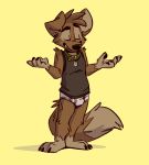  anthro barefoot black_clothing black_shirt black_topwear briefs bulge canid canine canis clothing collar domestic_dog eyes_closed hi_res male mammal matt_riskely open_mouth shadow shirt simple_background solo tank_top teeth_showing tighty_whities tinydeerguy topwear underwear white_clothing white_underwear yellow_background 