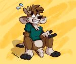  anthro barefoot bodily_fluids bottomless cervid clothed clothing darwin_(tinydeerguy) green_clothing green_shirt green_topwear hi_res male mammal nullvember open_mouth shirt simple_background solo sweat sweatdrop t-shirt teeth_showing tinydeerguy topwear yellow_background 