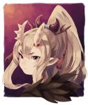  1girl absurdres blonde_hair border closed_mouth hair_ornament hairpin high_ponytail highres horns iga_(okame_nin) long_hair looking_at_viewer okame_nin orange_eyes original pointy_ears portrait red_background solo spiked_horns tassel white_border 