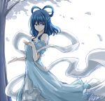  1girl absurdres artist_name bare_shoulders blue_eyes blue_hair breasts closed_mouth commentary_request dated dress eyebrows_visible_through_hair feet_out_of_frame hagoromo hair_ornament hair_rings hair_stick half-closed_eyes highres hisin kaku_seiga leaf light_blue_dress long_dress looking_to_the_side medium_breasts medium_hair puffy_short_sleeves puffy_sleeves shawl short_sleeves signature smile solo standing touhou tree white_background 