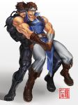  2boys bandages bara bare_shoulders black_bodysuit blue_eyes bodysuit brown_hair castlevania chain covering covering_crotch crossover face full_body gloves grabbing groping headband high_collar highres leg_between_thighs male_focus metal_gear_(series) multiple_boys muscle na_insoo pectoral_grab pelvic_curtain richter_belmont shoes single_glove sleeveless solid_snake thick_thighs thighs tight yaoi yellow_eyes 