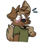  1:1 alpha_channel anthro blush bodily_fluids canid canine canis clothing domestic_dog green_clothing green_shirt green_topwear male mammal matt_riskely shirt solo sweat sweatdrop t-shirt tinydeerguy topwear 