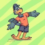 1:1 adler_eagle anthro barefoot blue_bottomwear blue_clothing blue_eyes blue_pants bottomwear clothing feathers green_background hi_res male open_mouth pants pattern_background red_clothing red_shirt red_topwear shirt shorts simple_background solo striped_background t-shirt tinydeerguy tongue_showing topwear wings yellow_background 