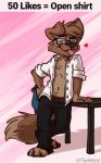  anthro barefoot belt black_bottomwear black_clothing black_pants blue_clothing bottomwear canid canine canis clothing domestic_dog english_text eyewear furniture glasses hand_on_table hi_res holding_clothing male mammal matt_riskely necktie oxford_shirt pants pink_background seductive shirt simple_background slacks solo table teeth_showing text tinydeerguy tongue tongue_out topwear unbuttoned_shirt white_clothing white_shirt white_topwear 
