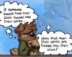  anthro blue_background canid canine canis clothing detailed_background domestic_dog english_text green_clothing green_topwear hand_on_chin hi_res hoodie male mammal matt_riskely simple_background solo text thinking thought_bubble tinydeerguy topwear 