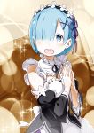  1girl blue_eyes blue_hair blush breasts ddukae detached_sleeves dress eyes_visible_through_hair frilled_sleeves frills hair_ornament hair_over_one_eye hair_ribbon highres maid maid_headdress pink_ribbon purple_ribbon re:zero_kara_hajimeru_isekai_seikatsu red_ribbon rem_(re:zero) ribbon ribbon-trimmed_clothes ribbon_trim roswaal_mansion_maid_uniform short_hair underbust x_hair_ornament 