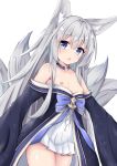  1girl :o absurdres animal_ear_fluff animal_ears azur_lane bangs bare_shoulders blue_choker blue_eyes blush bow breasts breasts_outside choker collarbone cowboy_shot eyebrows_visible_through_hair fang fox_ears fox_girl fox_tail highres japanese_clothes long_hair long_sleeves nagato-chan nipples off_shoulder open_mouth purple_bow shinano_(azur_lane) sidelocks silver_hair simple_background skin_fang small_breasts solo straight_hair tail thighs very_long_hair white_background wide_sleeves younger 