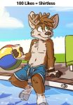  anthro ball barefoot beach_ball beverage blue_bottomwear blue_clothing blue_sky bottomwear bracelet cervid clothed clothing cloud darwin_(tinydeerguy) english_text green_eyes hand_on_ground hi_res jewelry male mammal sky solo swimming_pool swimwear text tinydeerguy topless water 