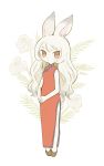  1girl animal_ears ayu_(mog) bare_arms blush brown_eyes bunny_ears china_dress chinese_clothes closed_mouth dress floral_background full_body green_footwear long_dress long_hair looking_at_viewer original own_hands_together rabbit_girl red_dress romaji_commentary shoes side_slit simple_background solo standing white_background white_fur white_hair 
