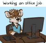  black_clothing black_shirt black_topwear blue_background blue_clothing blue_shirt blue_topwear cervid clothing computer computer_monitor computer_mouse darwin_(tinydeerguy) english_text hi_res keyboard male mammal mouse_(object) mousepad polo_shirt shirt simple_background solo text tinydeerguy topwear 