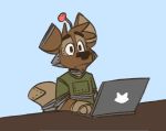  blue_background canid canine canis clothing computer domestic_dog green_clothing green_shirt green_topwear laptop machine male mammal matt_riskely robot shirt simple_background tinydeerguy topwear 