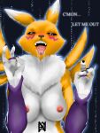  anthro begging blush bodily_fluids digimon digimon_(species) female in_heat licking nahadon on_glass renamon saliva solo teasing text tongue tongue_out 