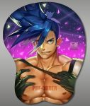  1boy abs bara bare_chest blue_eyes blue_hair breast_mousepad chest_harness face galo_thymos gloves grabbing harness male_focus mousepad_(medium) muscle na_insoo nipples pectoral_focus pectoral_grab promare sample self_shot spiked_hair upper_body 