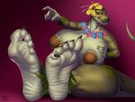  5_toes absurd_res anthro barefoot big_breasts breasts claws cloak_and_dirk coconut_bra feet female foot_focus hi_res huge_breasts humanoid_feet margret_stalizburg mature_female non-mammal_breasts reptile scalie signature simple_background snake soles solo toe_claws toes 