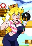  1girl alternate_costume bangs block blonde_hair blue_eyes crown eyebrows_visible_through_hair fire_flower hand_up highres looking_at_viewer mario_(series) mushroom one_eye_closed open_mouth overalls pin princess_peach shirt smile striped striped_shirt super_mario_bros. superretroheart 