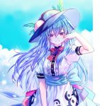  1girl arm_up black_headwear blue_bow blue_hair blue_sash blue_skirt blush bow bowtie breasts buttons cloud cowboy_shot day eyebrows_visible_through_hair food frills fruit hair_between_eyes hand_on_own_cheek here_(hr_rz_ggg) highres hinanawi_tenshi long_hair looking_at_viewer parted_lips peach puffy_short_sleeves puffy_sleeves red_bow red_eyes red_neckwear sash shirt short_sleeves skirt sky small_breasts smile solo sparkle standing touhou very_long_hair white_shirt 