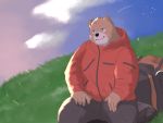  2020 4:3 anthro bottomwear clothing detailed_background en_1_9 hi_res humanoid_hands kemono male mammal morning outside overweight overweight_anthro overweight_male pants shooting_star sitting slightly_chubby solo ursid 