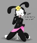  animaniacs anthro black_body black_fur bodily_fluids bottomwear clitoris clothing cum cum_drip cum_in_mouth cum_in_pussy cum_inside dialogue dot_warner dripping featureless_chest female flat_chested flower fur genital_fluids genitals gloves handwear hi_res inkblot looking_at_viewer mammal miniskirt open_mouth pink_bottomwear pink_clothing pink_skirt plant presenting presenting_pussy pussy red_nose sandwich-anomaly seductive shaking simple_background skirt smile solo teeth text tongue tongue_out warner_brothers young 