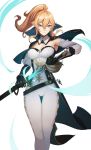  1girl absurdres black_gloves blonde_hair blue_eyes breasts capelet cleavage closed_mouth detached_sleeves distr facing_viewer genshin_impact gloves highres jean_gunnhildr looking_at_viewer medium_breasts pants ponytail sheath solo sword unsheathing weapon white_pants 