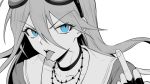  1girl blue_eyes blue_hair chain choker collarbone commentary_request danganronpa ewa_(seraphhuiyu) fingerless_gloves gloves goggles hair_between_eyes highres iruma_miu long_hair looking_at_viewer middle_finger new_danganronpa_v3 open_mouth sailor_collar simple_background solo spot_color tongue tongue_out upper_teeth white_background 