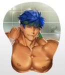  1boy abs arm_behind_head bara bare_chest blue_eyes breast_mousepad face fire_emblem green_headband headband ike_(fire_emblem) male_focus mousepad_(medium) muscle na_insoo nipples one_eye_closed pectoral_focus sample spiked_hair upper_body 