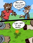  anthro barefoot black_clothing black_shirt black_topwear blue_clothing blue_shirt blue_sky blue_topwear canid canine canis cervid clothing comic darwin_(tinydeerguy) dialogue domestic_dog duo english_text flower gesture grass hi_res male mammal matt_riskely open_mouth outside plant pointing pointing_down polo_shirt red_clothing red_shirt red_topwear shirt sky t-shirt teeth_showing text tinydeerguy topwear 