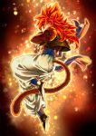  1boy blue_eyes blue_sash crossed_arms dragon_ball dragon_ball_gt floating full_body fur gogeta highres long_hair looking_at_viewer male_focus mattari_illust metamoran_vest monkey_tail pants red_hair sash smile solo super_saiyan super_saiyan_4 tail white_pants 