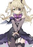 1girl absurdres bare_shoulders black_legwear blonde_hair bow breasts dress elbow_gloves eyepatch fischl_(genshin_impact) garter_straps genshin_impact gloves green_eyes hair_over_one_eye hair_ribbon highres long_hair looking_at_viewer purple_neckwear ribbon sh_(562835932) simple_background single_thighhigh small_breasts solo thighhighs two_side_up white_background 