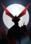  1boy animal arms_up bat batman batman_beyond blurry building claw_(weapon) copyright_name english_text moon night night_sky no_pupils otsumami_(bu-bu-heaven) outdoors sky solo weapon white_eyes wings 