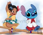  2020 alien bandanna barefoot black_eyes black_hair blue_body blue_fur blue_nose brown_eyes child clothing destroyitdarren disney distracting_watermark dress duo experiment_(lilo_and_stitch) eyebrows flower fur hair hi_res human kerchief lilo_and_stitch lilo_pelekai mammal notched_ear pawpads plant ponytail smile stitch_(lilo_and_stitch) tan_body tan_skin walking watermark young 