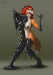  2017 4_breasts anthro bhavfox black_nose breasts brown_body brown_fur canid canine countershading dipstick_limbs female fox fur goo_transformation hair latex_transformation mammal multi_breast nipples open_mouth red_hair rubber simple_background solo standing transformation white_countershading 