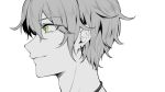 1boy amami_rantarou bangs closed_mouth commentary_request danganronpa earrings ewa_(seraphhuiyu) face from_side green_eyes highres jewelry looking_to_the_side male_focus messy_hair new_danganronpa_v3 profile short_hair smile solo spot_color 