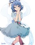  1girl aqua_dress belt blue_eyes blue_hair bright_pupils closed_mouth collarbone commentary dress expressionless eyebrows_visible_through_hair feet_out_of_frame flower frills hagoromo hair_ornament hair_rings hair_stick hands_on_own_face hands_together kaku_seiga knees_together_feet_apart leg_ribbon looking_at_viewer mironomeo ofuda puffy_short_sleeves puffy_sleeves ribbon shawl short_hair short_sleeves signature simple_background solo touhou vest wavy_hair white_background white_vest 