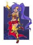  1girl alternate_costume blue_eyes breasts cleavage clothes_around_waist commentary cosplay crossover dark_skin earrings elbow_gloves fire gloves highres iesupa jewelry magic miniskirt pointy_ears ponytail purple_hair pyrrha_nikos pyrrha_nikos_(cosplay) rwby shantae_(character) shantae_(series) skirt solo tiara 