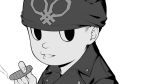  cigar commentary_request danganronpa ewa_(seraphhuiyu) face greyscale hat highres holding hoshi_ryouma jacket looking_at_viewer monochrome new_danganronpa_v3 simple_background smile solo teeth uniform white_background 