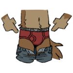  1:1 alpha_channel anthro blue_bottomwear blue_clothing blue_pants bottomwear briefs bulge canid canine canis clothed clothing domestic_dog english_text gesture male mammal matt_riskely pants pants_down partially_clothed pointing red_clothing red_underwear solo text tinydeerguy underwear 