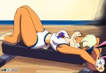  anthro basketball_uniform bench clothing female furboz lagomorph leporid lola_bunny looking_at_viewer looney_tunes lying mammal midriff rabbit solo sportswear uniform warner_brothers 