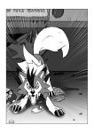  after_transformation ambiguous_gender backpack black_claws border bottomwear canid canine cheek_tuft claws clothing comic digitigrade dusk_lycanroc facial_tuft fangs feral finger_claws greyscale hi_res looking_at_viewer lycanroc mammal monochrome nintendo open_mouth pok&eacute;mon pok&eacute;mon_(species) quadruped shirt shorts solo toe_claws tongue topwear torn_bottomwear torn_clothing torn_shirt torn_shorts torn_topwear toshabi tuft unown_text video_games white_border 