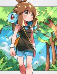  1girl blue_shorts blush brown_eyes brown_hair closed_mouth cloud commentary_request day eyelashes gen_1_pokemon green_(pokemon) hair_flaps highres hyou_(hyouga617) knees leaves_in_wind light_beam long_hair looking_to_the_side mew mythical_pokemon outdoors pokemon pokemon_(creature) pokemon_(game) pokemon_lgpe pokemon_on_back shirt shorts sidelocks sky sleeveless sleeveless_shirt smile squirtle starter_pokemon tree wristband 