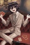  1boy alternate_costume bangs card chandelier checkered checkered_neckwear couch crossed_legs danganronpa formal hair_between_eyes hat highres holding holding_card indoors long_sleeves male_focus necktie new_danganronpa_v3 open_mouth ouma_kokichi playing_card purple_eyes purple_hair renshu_usodayo sitting solo suit twitter_username 