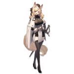  1girl :d animal_ears arknights bangs belt black_footwear black_headwear black_legwear black_ribbon blonde_hair blue_eyes breasts cape crossed_legs eyebrows_visible_through_hair full_body hair_ribbon hands_on_hips high_heels long_hair long_sleeves looking_at_viewer medium_breasts official_art open_mouth ribbon ryuuzaki_ichi smile solo standing swept_bangs sword thighhighs transparent_background watson_cross weapon whislash_(arknights) white_cape 