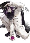  1boy bangs black_cape black_headwear cape character_name danganronpa hair_between_eyes hat highres holding long_sleeves male_focus migumi new_danganronpa_v3 ouma_kokichi purple_eyes purple_hair simple_background smile solo squatting straitjacket white_background 