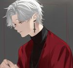  1boy bangs black_shirt cross cross_earrings ear_piercing earrings eyebrows_behind_hair grey_background grey_hair half-closed_eyes hand_up high_collar highres isshiki_(ffmania7) jacket jewelry kuzuha_(nijisanji) latin_cross looking_away male_focus nijisanji parted_bangs parted_lips piercing pointy_ears red_eyes red_jacket shirt solo upper_body virtual_youtuber 