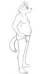  anthro barefoot black_and_white briefs bulge canid canine clothed clothing eyewear glasses male mammal monochrome navel overweight overweight_anthro overweight_male simple_background solo stubble thegreatmatsutzu topless underwear white_background 