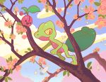  artist_name cherubi cloud commentary flower gen_3_pokemon gen_4_pokemon leaf no_humans open_mouth outdoors pegushi pink_flower pokemon pokemon_(creature) sky smile tongue tree_branch treecko watermark 